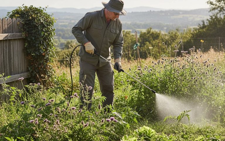 Un jardinier appliquant un désherbant dans un jardin avec des mauvaises herbes visibles.