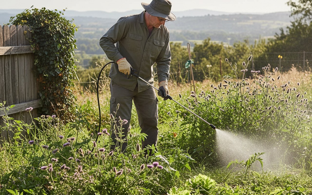 Un jardinier appliquant un désherbant dans un jardin avec des mauvaises herbes visibles.