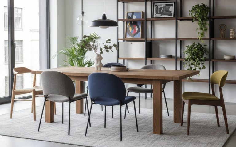 Salle à manger moderne avec chaises Alinéa de styles variés autour d'une table en bois.