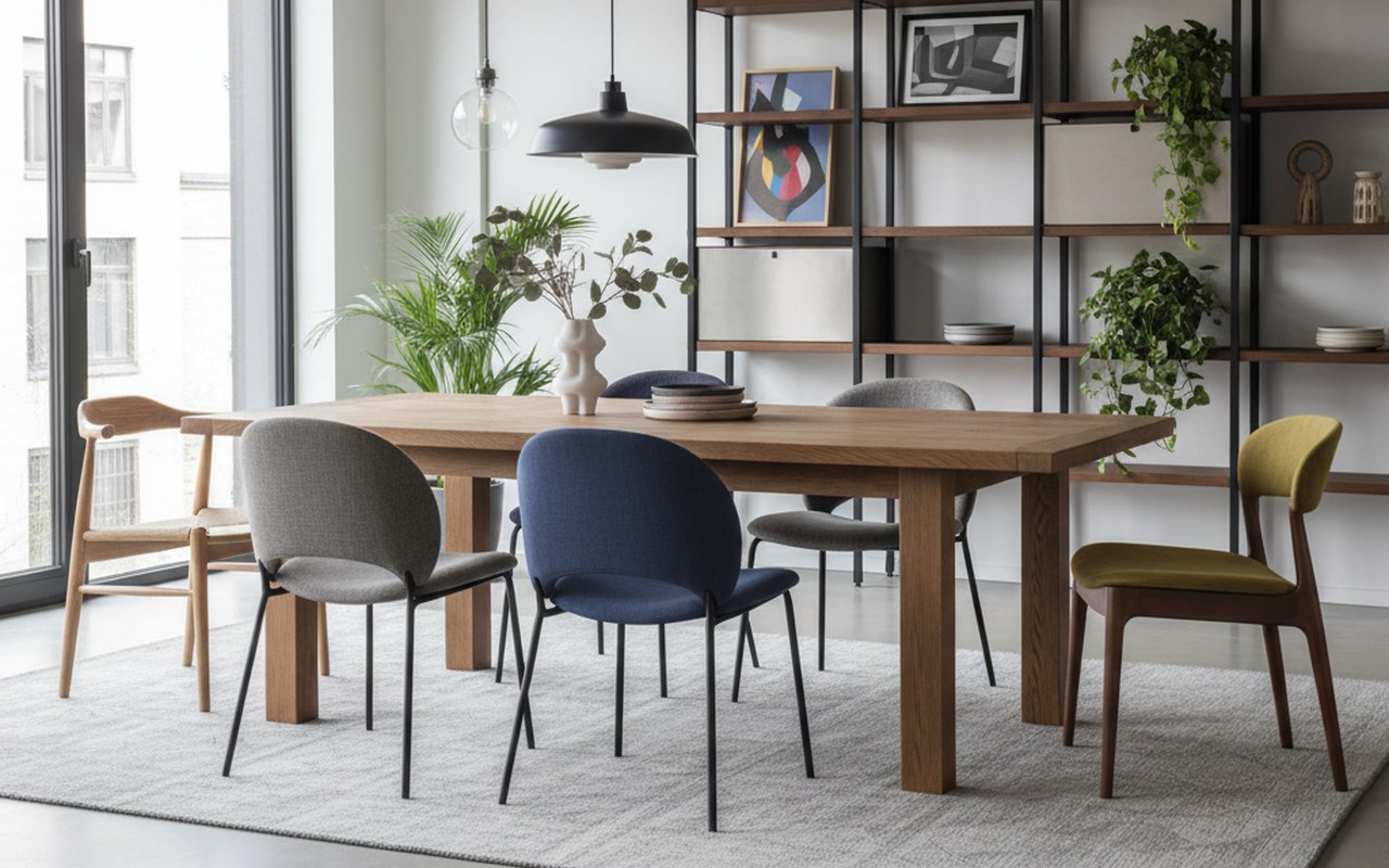 Salle à manger moderne avec chaises Alinéa de styles variés autour d'une table en bois.