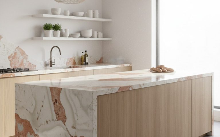 Cuisine moderne avec plan de travail en céramique élégant et durable.