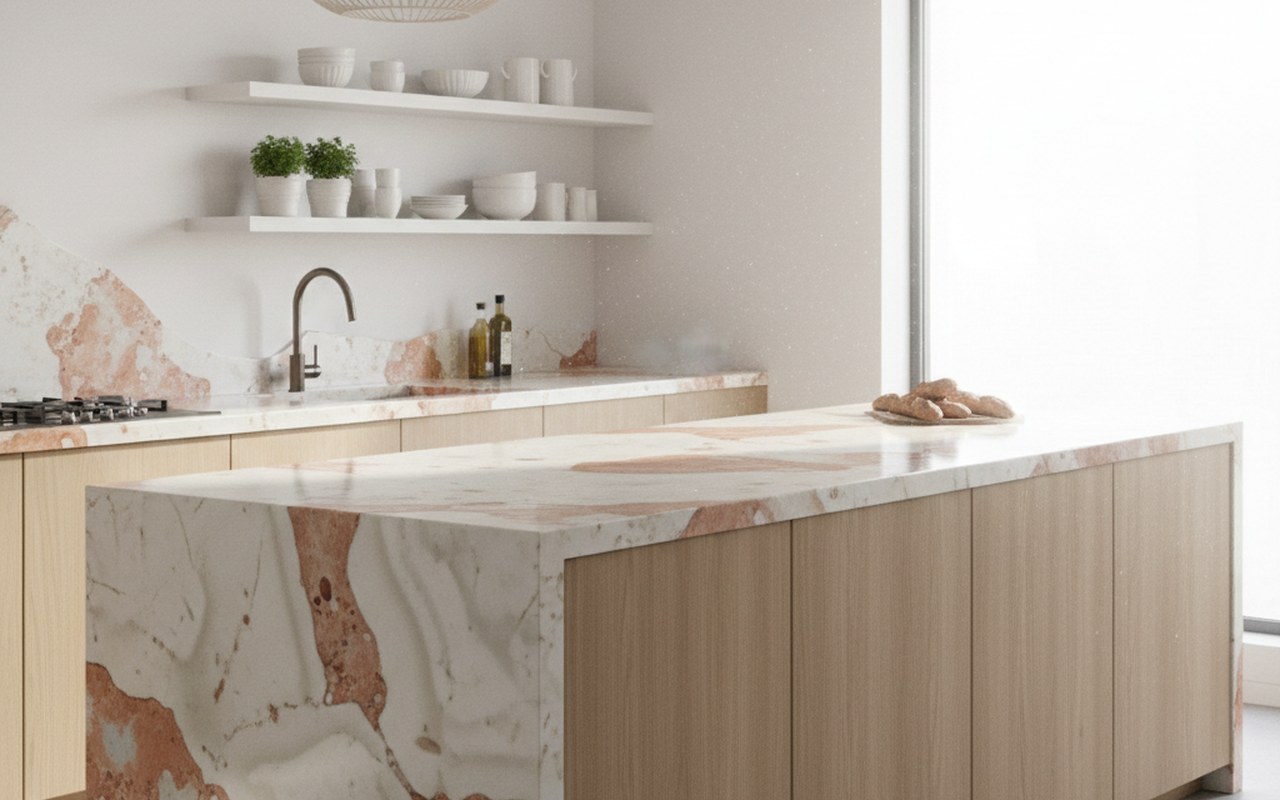 Cuisine moderne avec plan de travail en céramique élégant et durable.