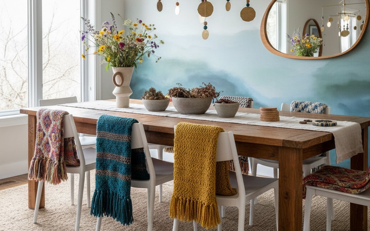 Salle à manger moderne avec des chaises blanches en bois et une table en bois.