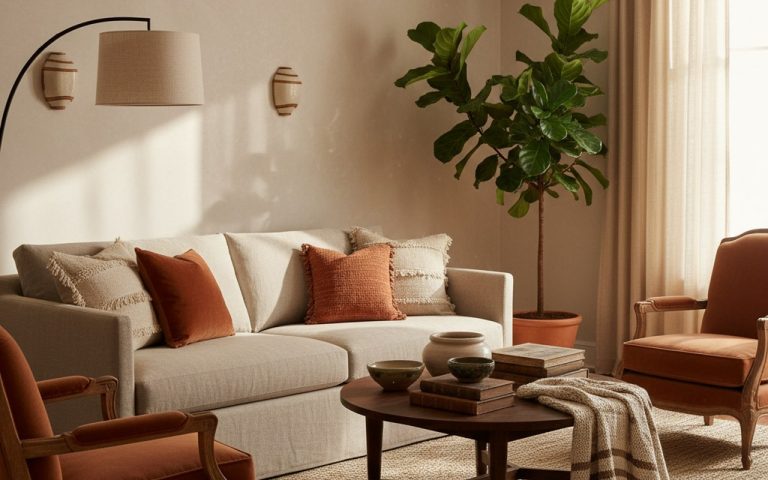 Salon cosy avec couleurs chaudes et matières texturées pour une ambiance accueillante.