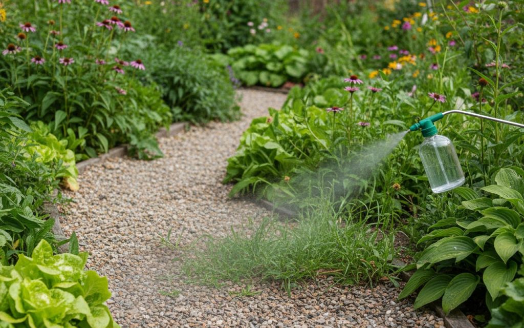 Application d'un désherbant naturel à base de vinaigre et sel dans un jardin.
