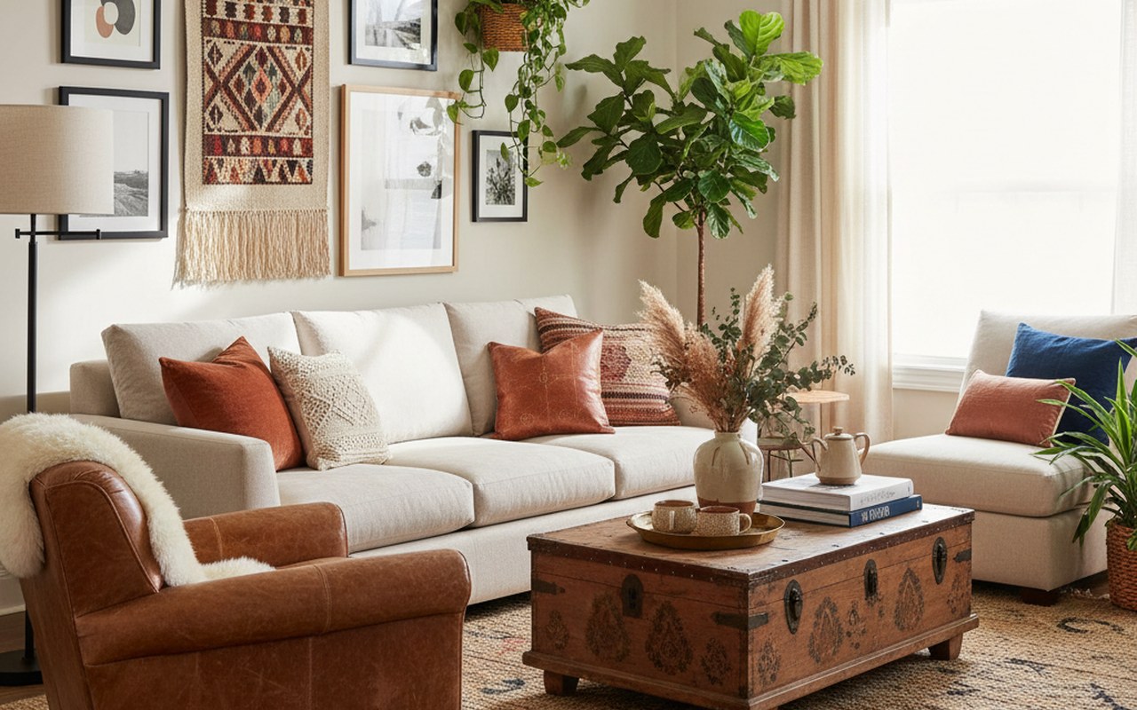 Intérieur moderne alliant styles contemporain, vintage et bohème avec meubles et textiles variés.