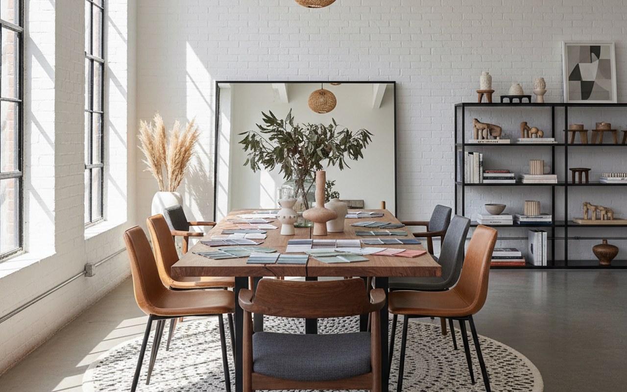 Espace de décoration d'intérieur moderne avec échantillons de couleurs et meubles stylés.