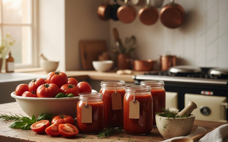 Tomates fraîches et bocaux de sauce tomate dans une cuisine chaleureuse.