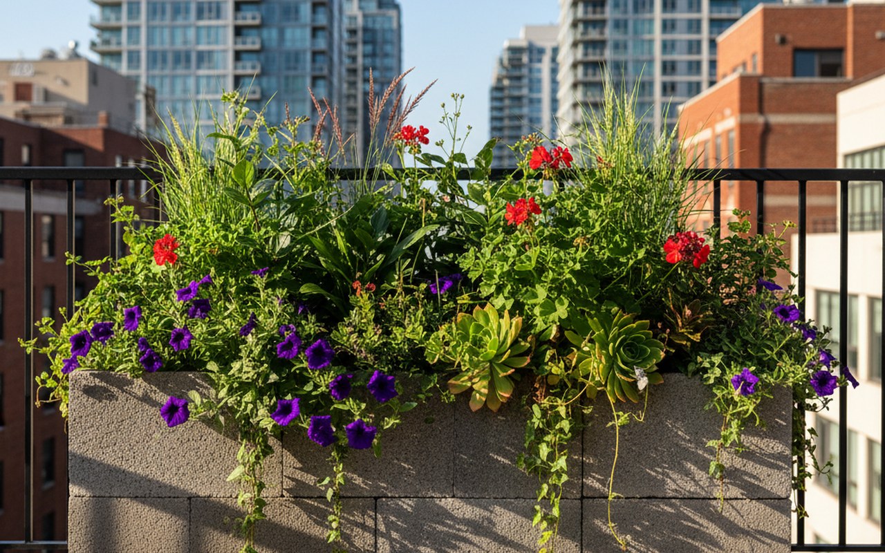 Jardinière en parpaing remplie de plantes sur un balcon urbain ensoleillé.
