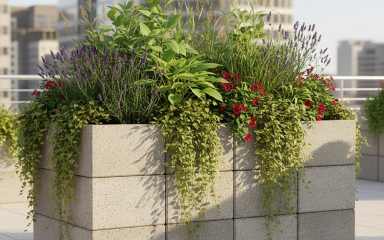 Jardinière en parpaing sur une terrasse avec des plantes vertes.