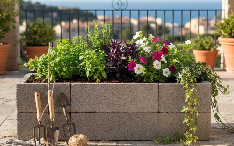 Jardinière en parpaing sur une terrasse avec des plantes et des outils de jardinage.