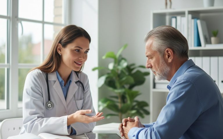 Médecin et patient discutant des effets secondaires des statines.