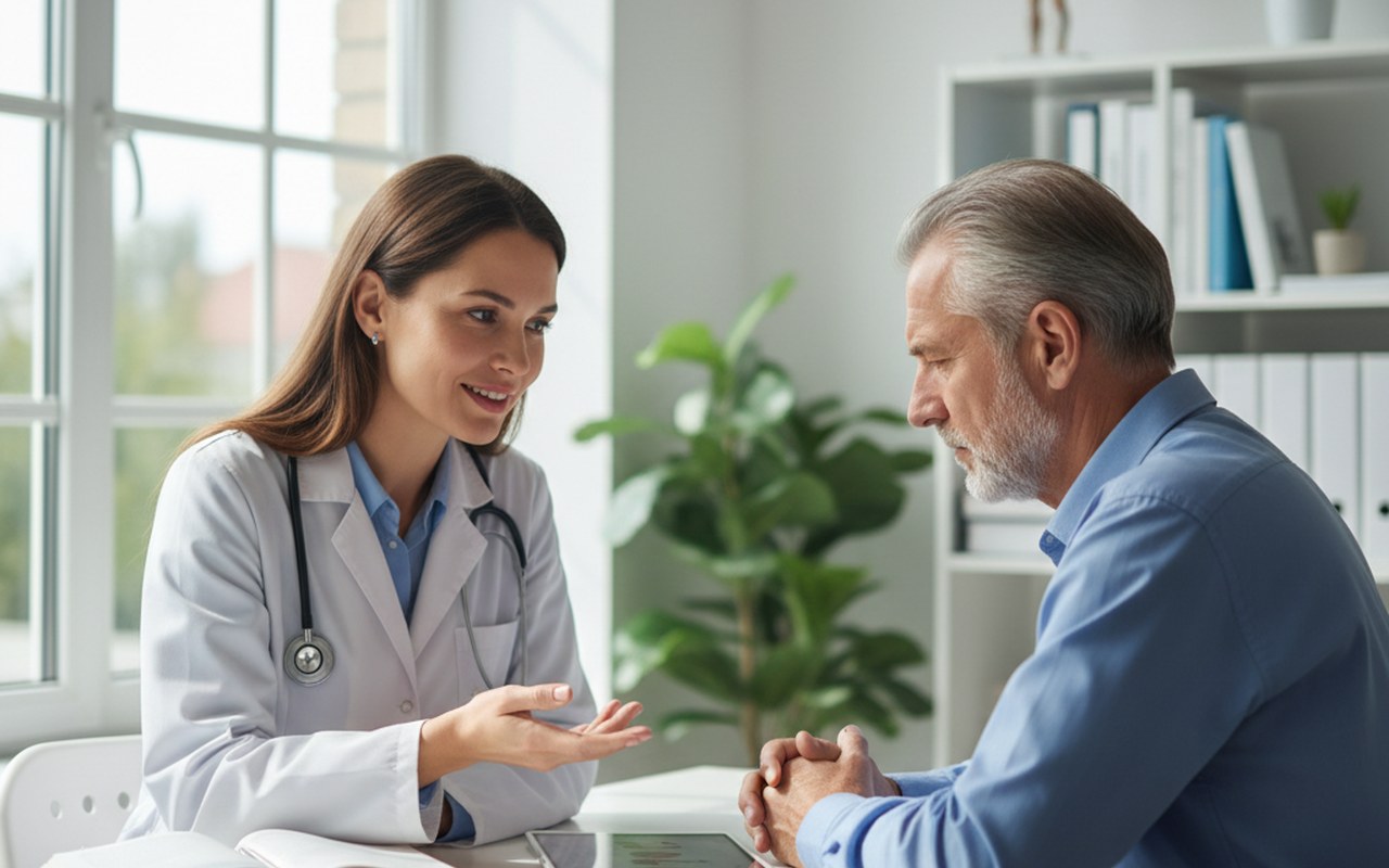 Médecin et patient discutant des effets secondaires des statines.