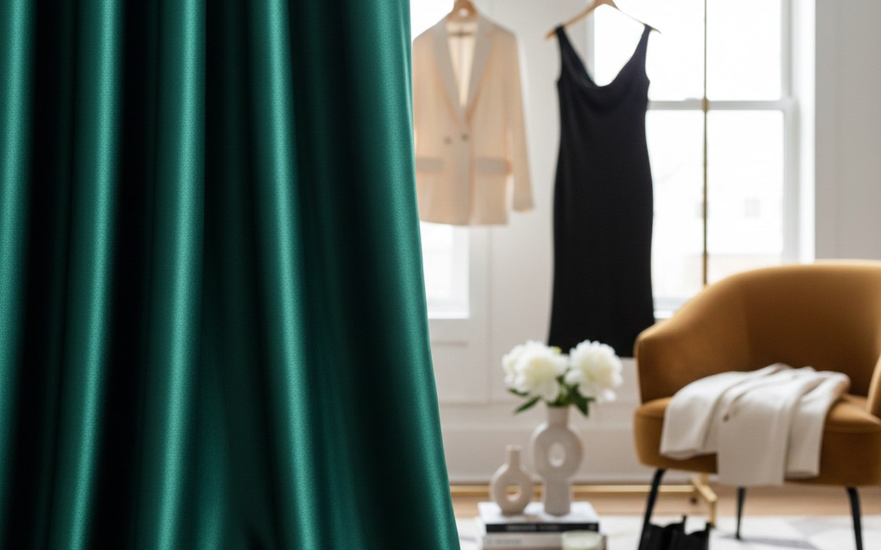Drapé de satin élégant illustrant la texture lisse et brillante du tissu dans un cadre mode et décoration.