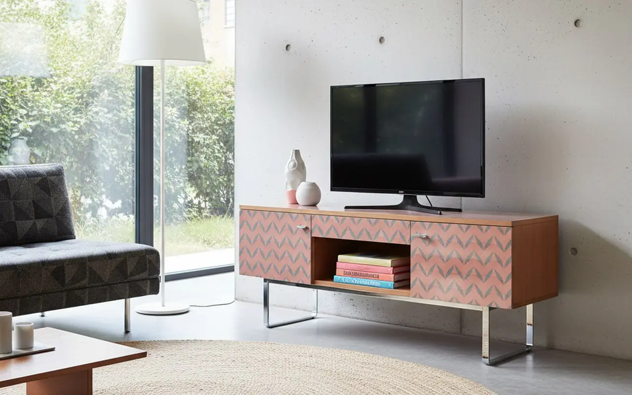 Meuble en formica vintage dans un intérieur moderne, illustrant son style et sa fonctionnalité.