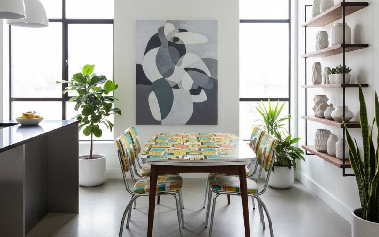 Cuisine vintage avec meuble en formica coloré et motifs géométriques.