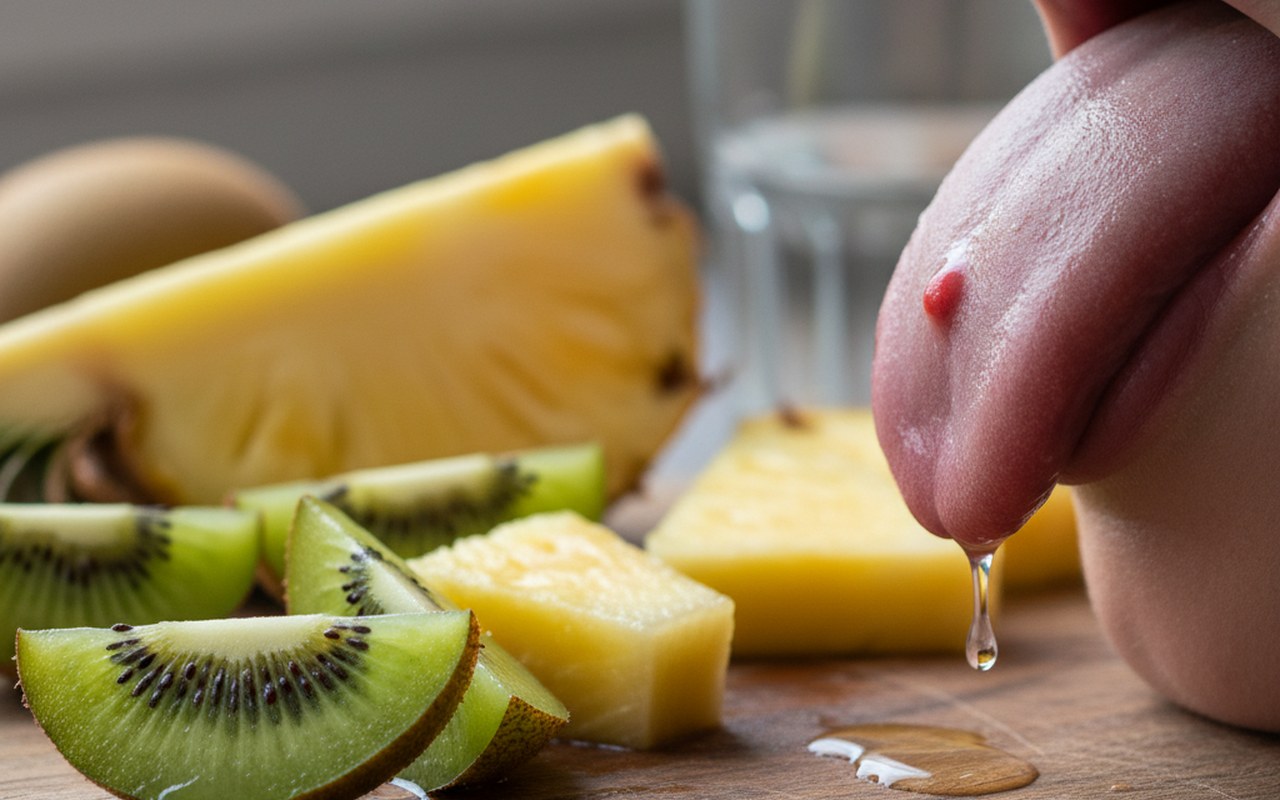 Langue avec un petit bouton rouge, entourée d'aliments acides comme le kiwi et l'ananas.