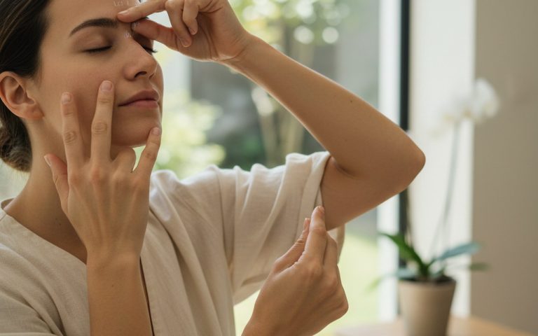 Pratique de l'acupression sur le visage pour soulager la congestion sinusale.