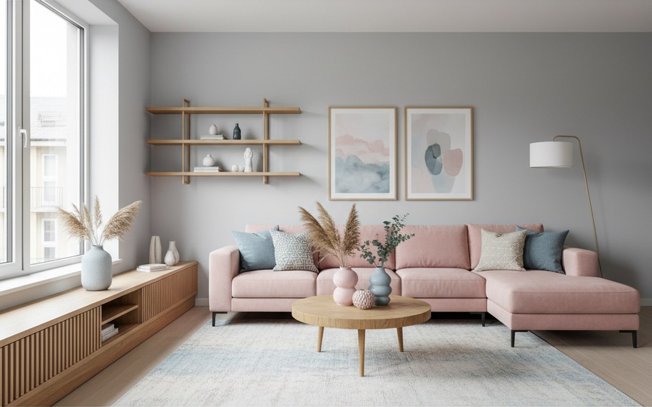 Intérieur moderne avec murs gris clair et accessoires pastel