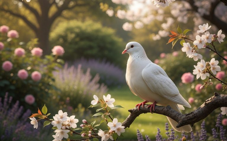 Tourterelle dans un jardin fleuri, symbole de paix et d'harmonie.