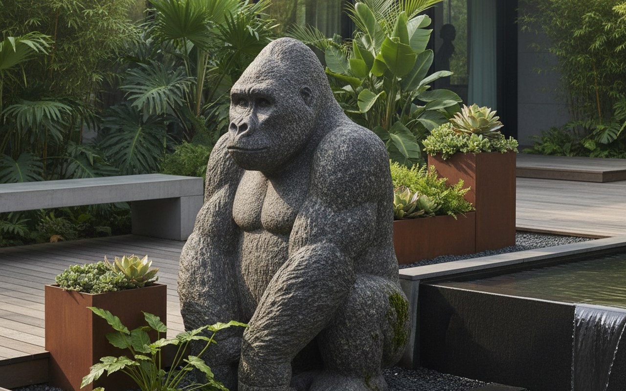 Statue de gorille en pierre naturelle dans un jardin moderne, symbole de force et de connexion à la nature.