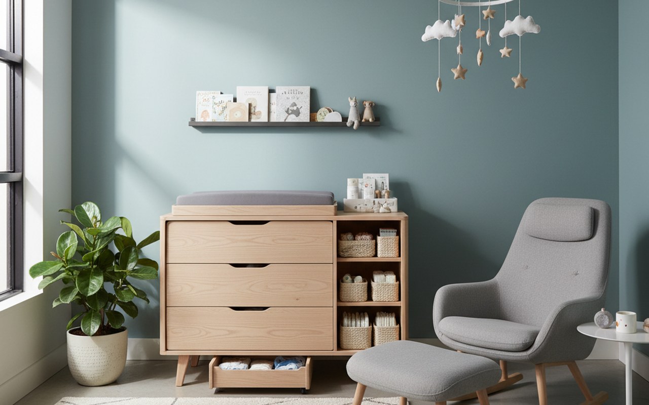 Chambre de bébé avec une table à langer commode, optimisant l'espace et le rangement.