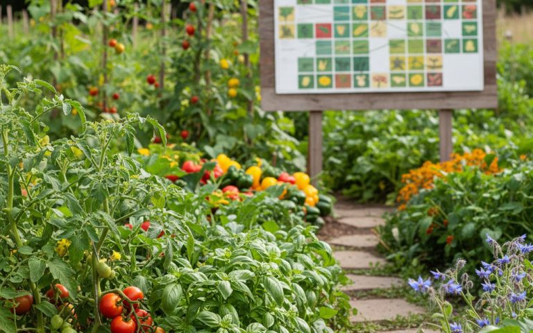 Jardin potager illustrant des associations de légumes bénéfiques et nuisibles.