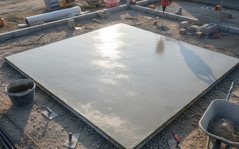 Chantier avec dalle béton de 12 cm en séchage, outils de maçonnerie autour.