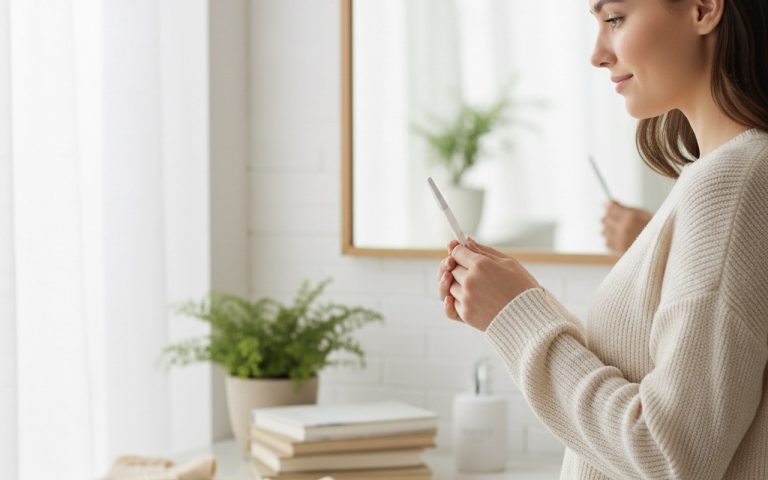Femme regardant un test de grossesse avec incertitude dans une salle de bain.