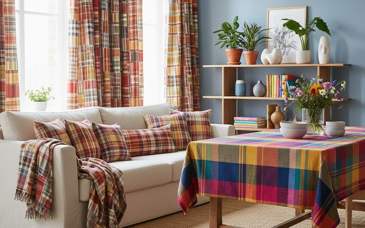 Intérieur chaleureux avec des éléments en tissu madras coloré.