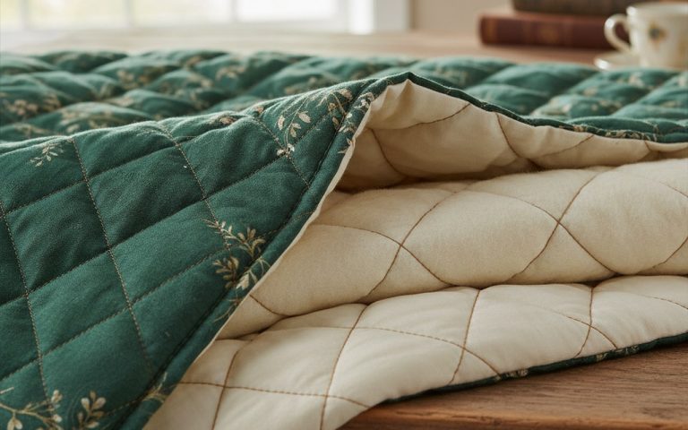 Détail d'un tissu matelassé montrant ses couches et son motif de piquage.