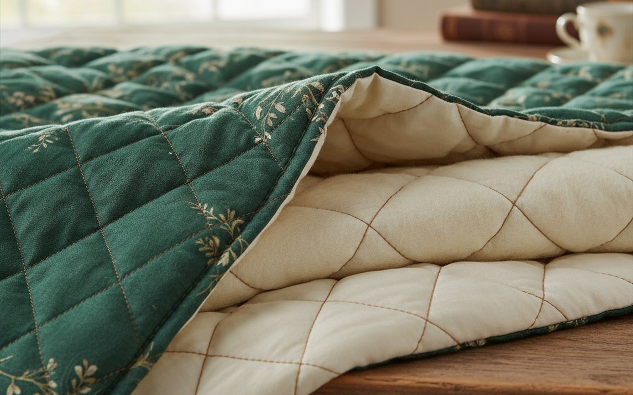 Détail d'un tissu matelassé montrant ses couches et son motif de piquage.