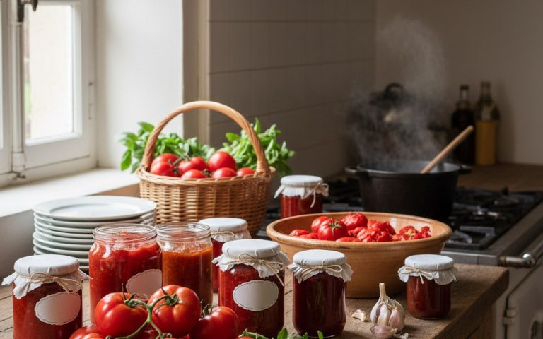 Scène de cuisine avec des tomates fraîches et des bocaux de conserves maison.