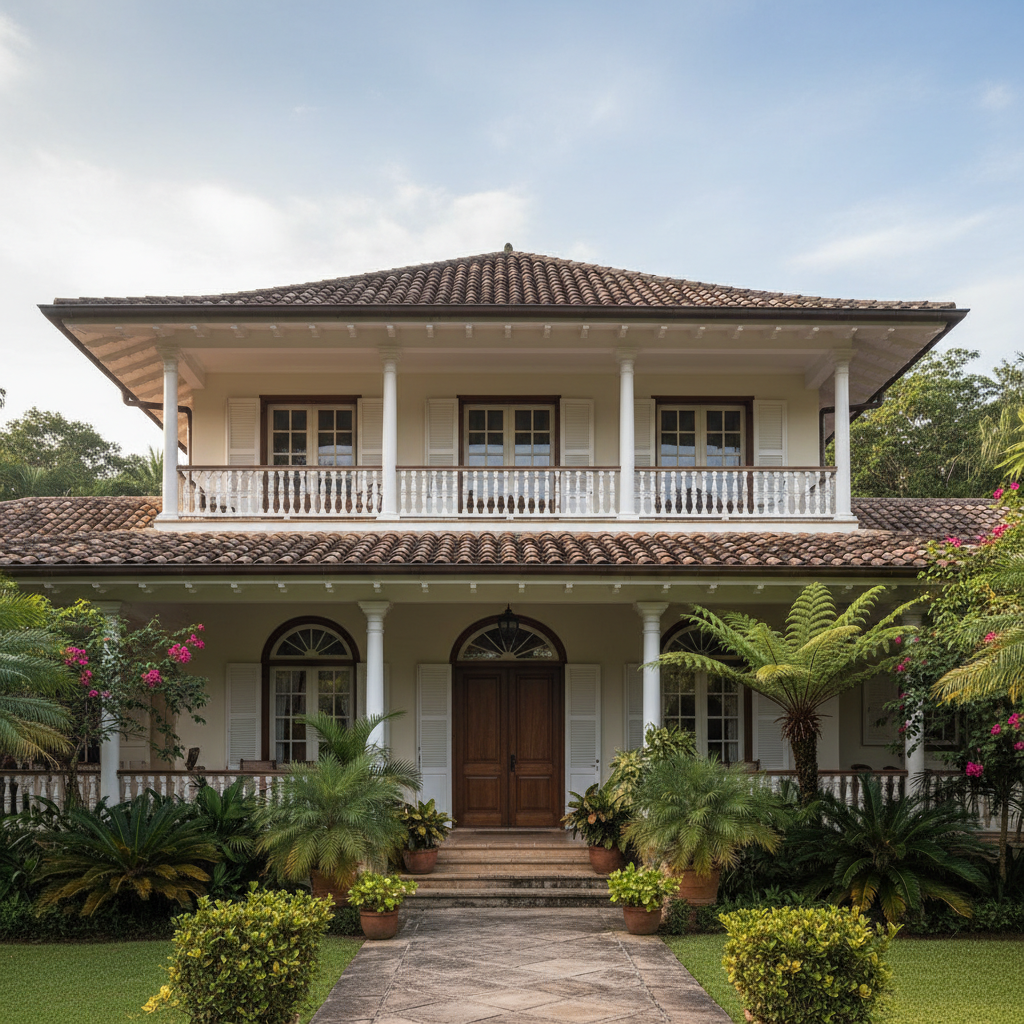 Illustration réaliste sur La maison coloniale séduit par son équilibre entre héritage et adaptation