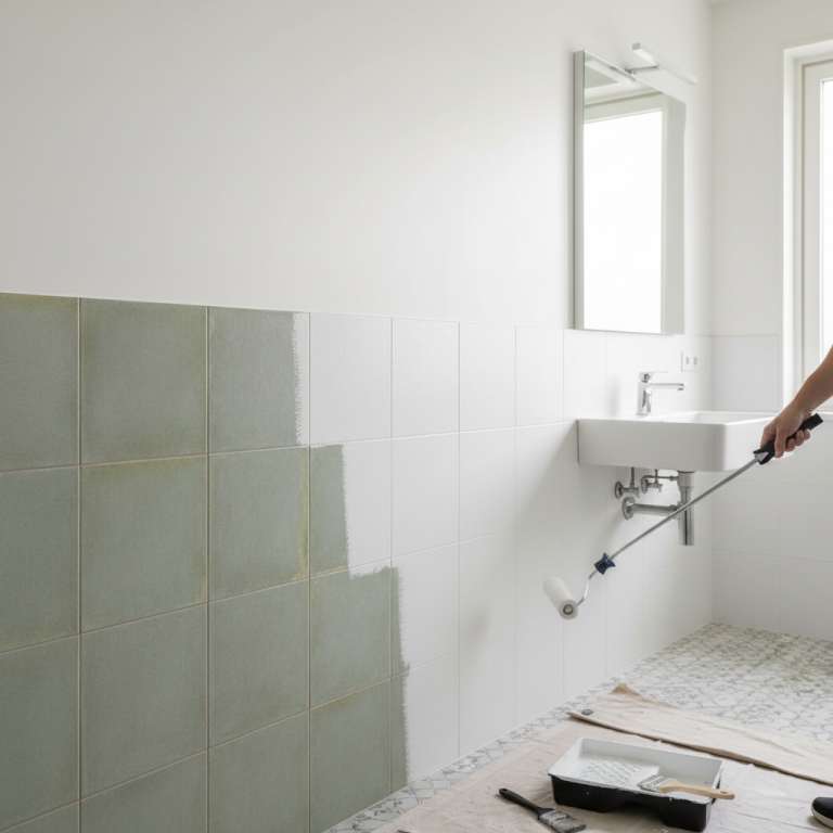 Illustration réaliste sur Peindre le carrelage de salle de bain : une alternative rapide et abordable