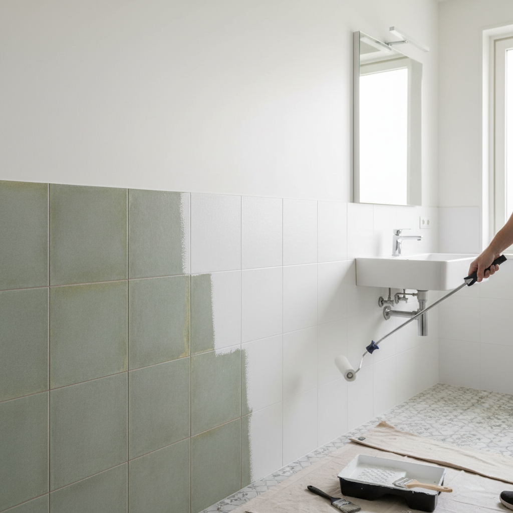 Illustration réaliste sur Peindre le carrelage de salle de bain : une alternative rapide et abordable